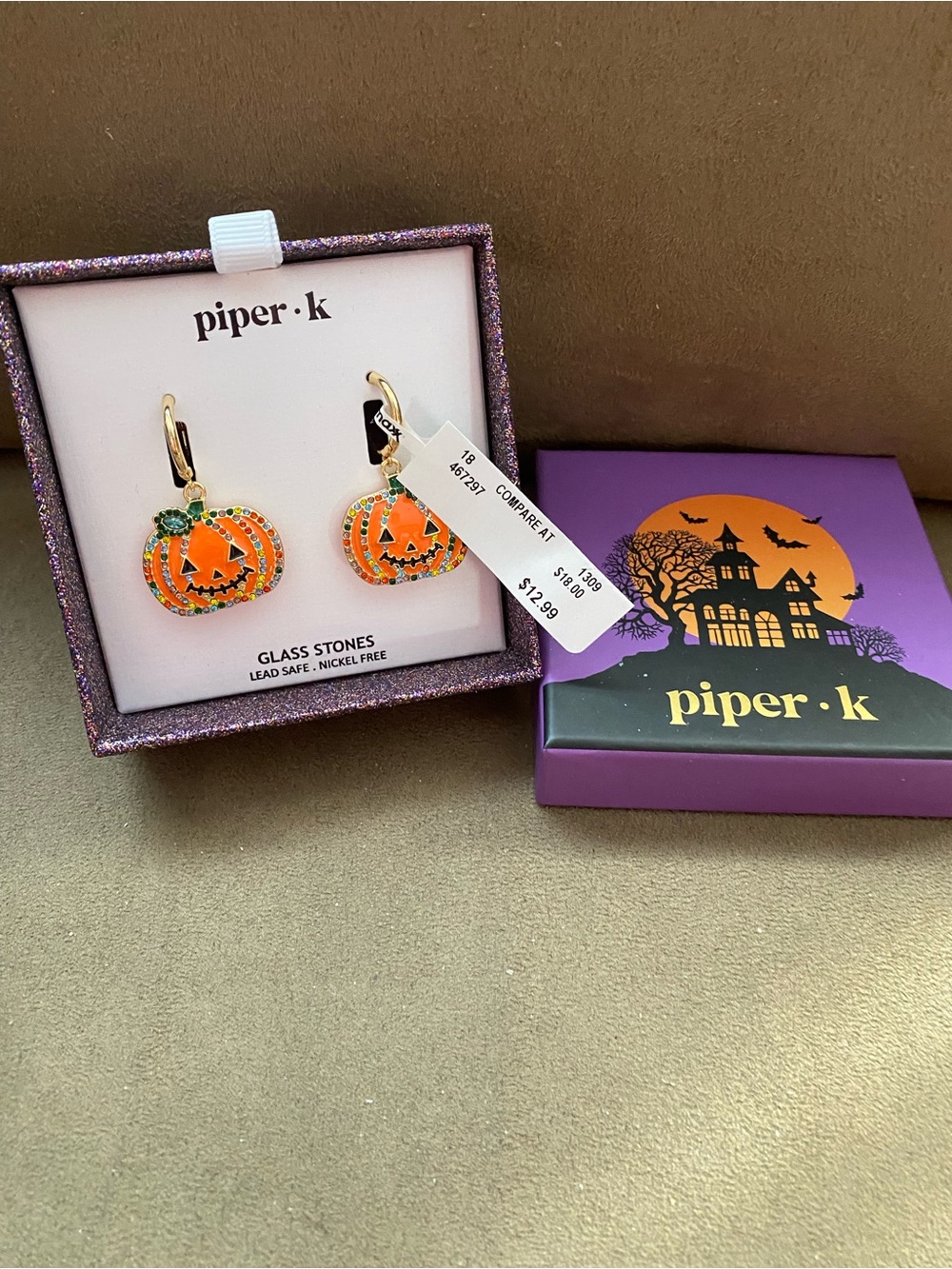 piper·k Orange Pumpkin Jack-O'-Lantern Drop Earrings with Green Stem Accents